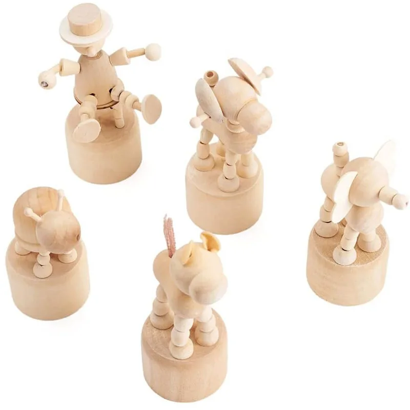 Blank Thumb Push Giraffe Clown Dog Wooden Cartoon Movable Puppet Figurines Desktop Ornament Adults Creative Idea 