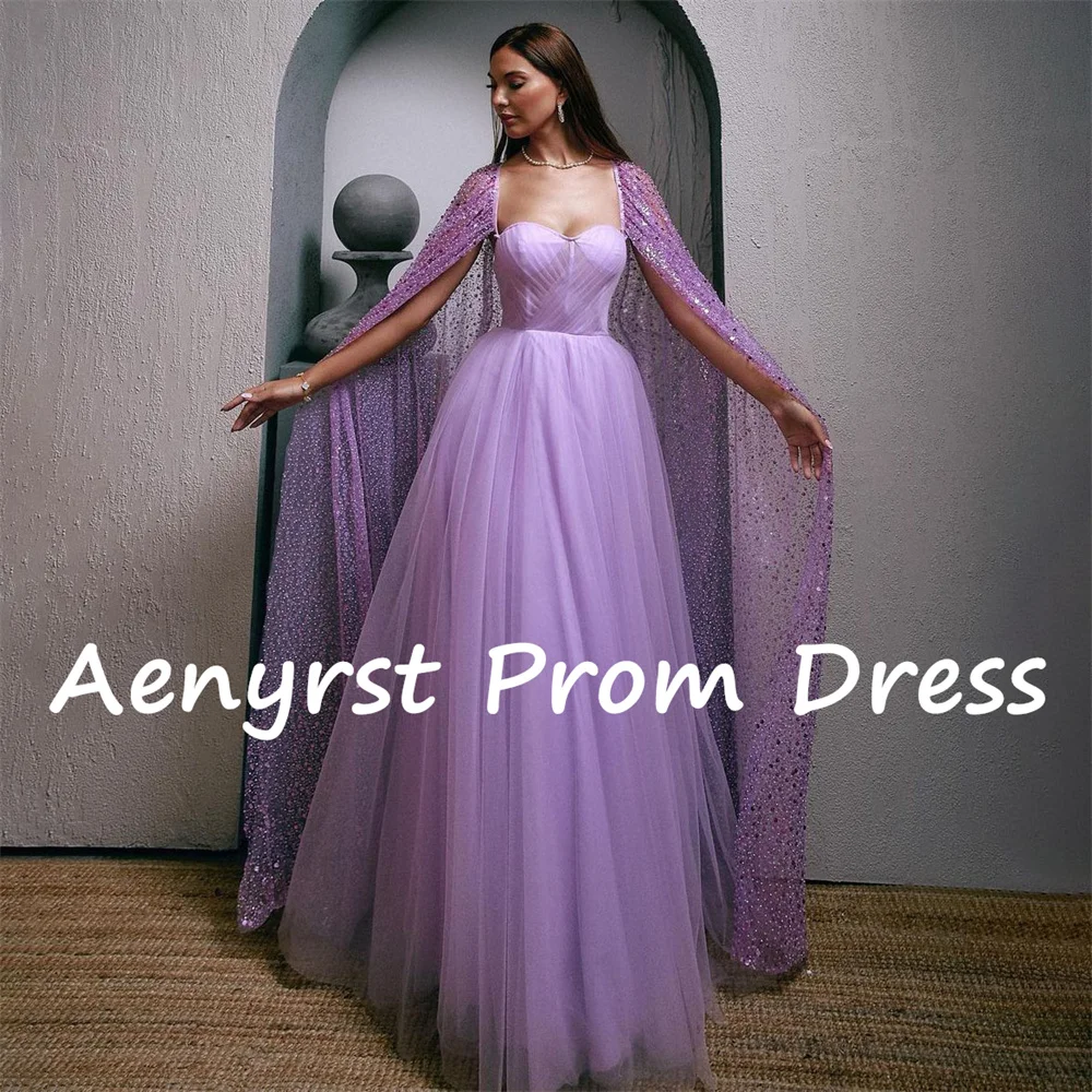 Aenyrst Elegant Sweetheart Long Cap Sleeves Prom Dresses A Line Sequined Pleated Evening Gowns Floor Length Formal Party Dress