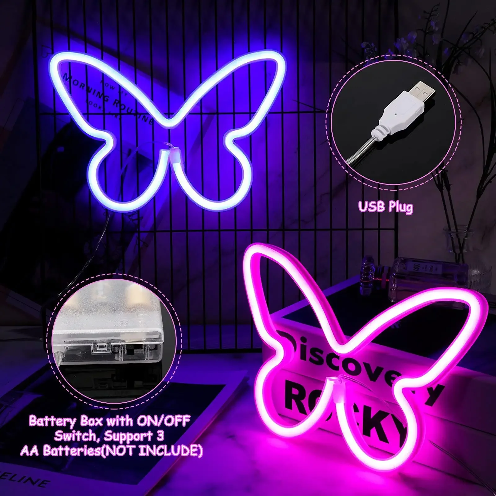 Colorful Butterfly Neon Sign Lamp Battery Powered DIY Decoration Night Light Hanging Wall Lamp Christmas Wedding Party Bedroom