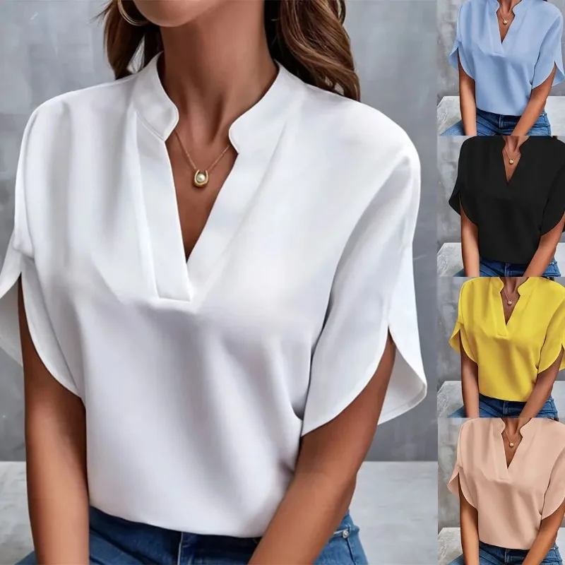 

1pcs Woman New Summer Solid Color Shirts Lady Casual Short Sleeve V-neck Collar Loose Shirts Female Fashion Pullover Tops