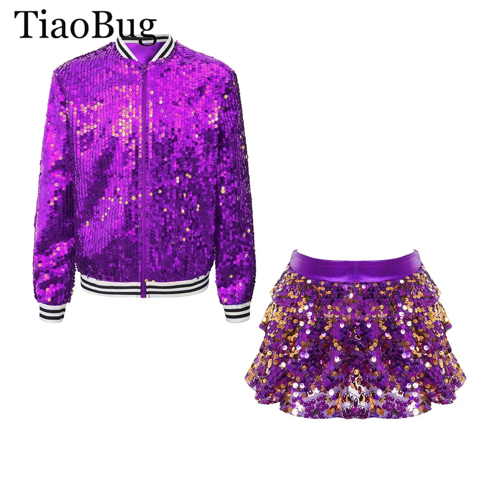 

Girls Sequins Hip Hop Jazz Dance Outfits Glitter Baseball Jackets Outerwear with Tiered Skirted Shorts Culottes Street Dancewear