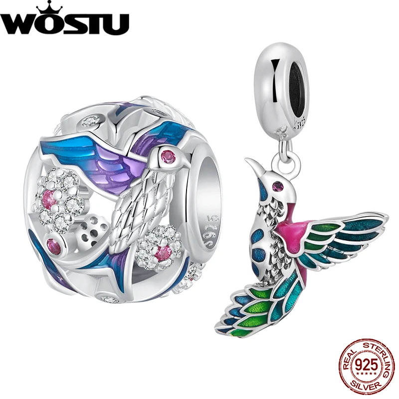 WOSTU 925 Sterling Silver Kingfisher Charm Enamel Bird Bead with Corlorful Zircons Fit Original Bracelet DIY Making Jewelry Gift