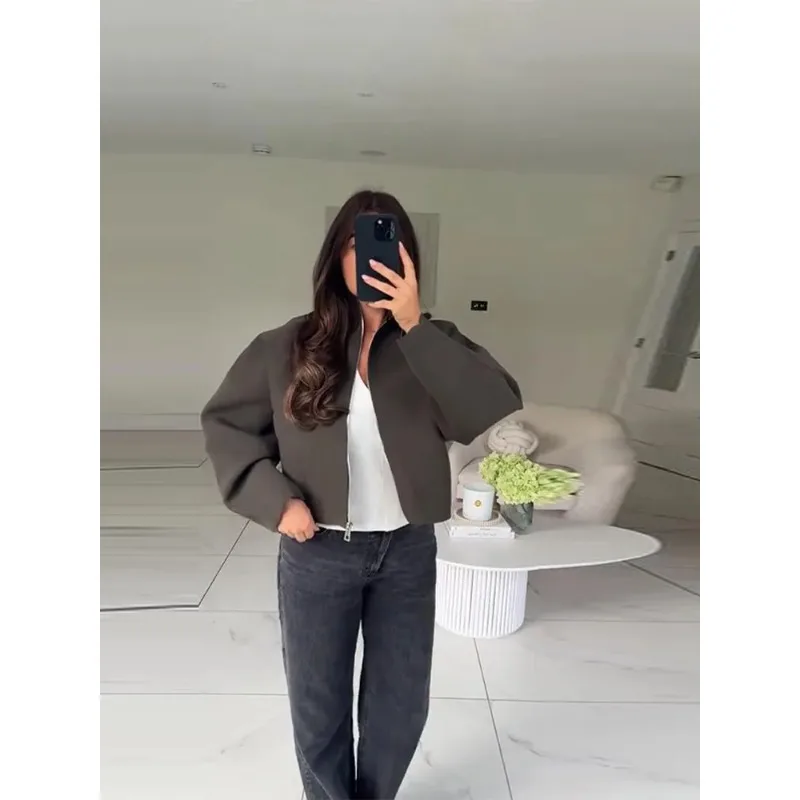 

Olive Green Women's Short Coat High Neck Full Sleeve Zipper Up Oversized Cropped Jacket Autumn Female Daily Casual Outwear