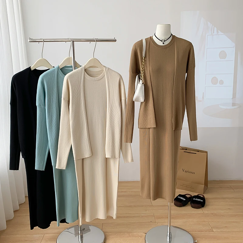 

2024 New Casual Loose Solid Colour Dress Set Women's Summer High Quality Korean Knitted Cardigan Vest Long Dress Two Piece Set