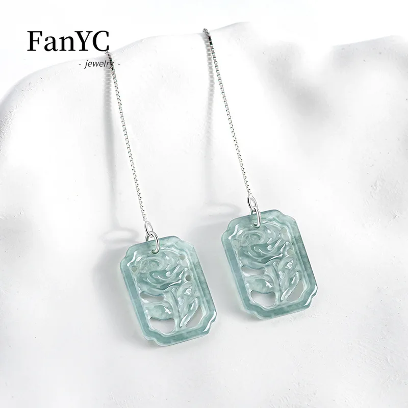 Myanmar Jadeite Blue Water Rose Ear Wire S925 Silver Inlaid Hand-carved Fashion Personality Ice Jade Earrings Ladies Gift
