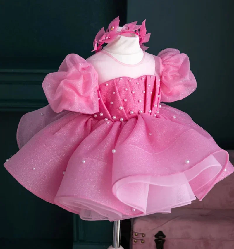 

Custom Flower Girl Dress Wedding Gown Birthday Party Pageant Dress Puff Sleeve Pearl Beaded Glitter Tulle Dress With Headband
