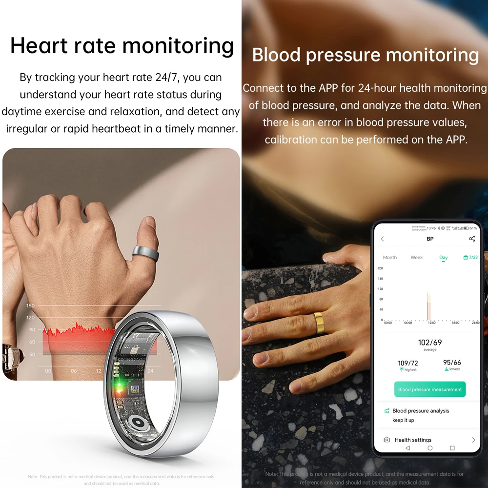 R1000 الفولاذ المقاوم للصدأ موضة حلقة ذكية IP68 Waterperoof معدل ضربات القلب الأكسجين في الدم رصد الضغط أنيق البنصر الرجال النساء