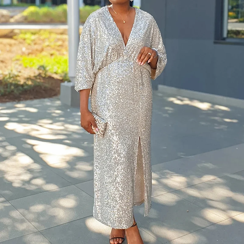 

Elegant Shiny Sequin Solid Evening Dress Sexy V-neck 3/4 Sleeve Loose Temperament Party Dress Lady Fashion Side Split Long Dress