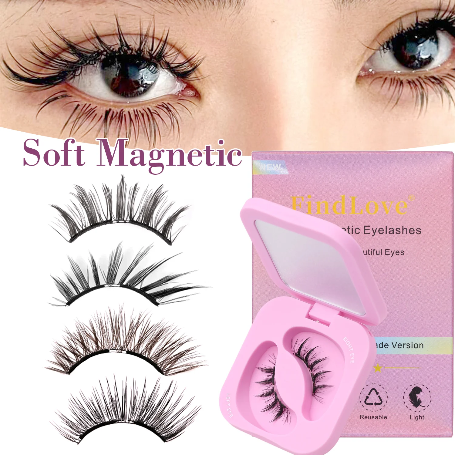 1Pairs Soft Magnetic Lashes Fox Eye Lash Reusable Magnetic Eyelash Natural Wispy Fluffy Eyelash Extension Set with Wearing Clips