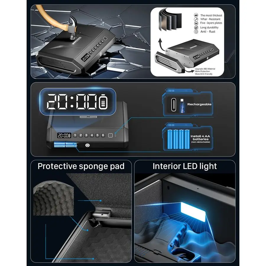 آمن للمسدس البيومتري يناسب 4 مسدسات، 100 مجموعة من مسدسات بصمات الأصابع آمنة مع وضع صامت للضوء الداخلي، مصدر طاقة للطوارئ #3