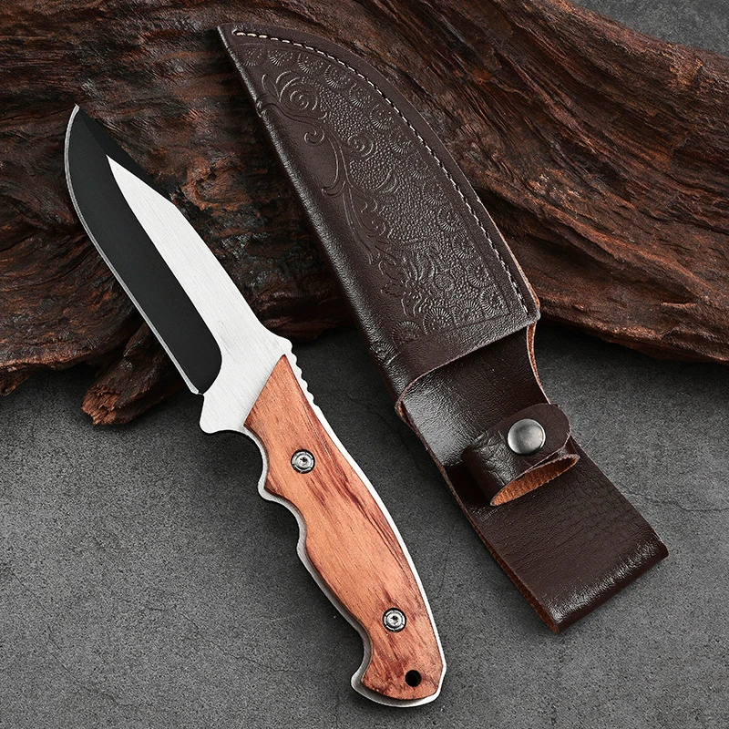 Outdoor Straight Knife, Wooden Handle, Stainless Steel Blade with Knife Cover, Travel Camping Cutting Tool, Holiday Gift