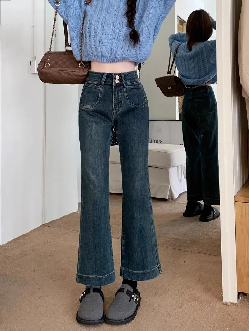 High-Waist-Schlagjeans für Damen, schmal geschnitten, amerikanischer Stil, Denim-Hose, Frühling/Herbst, für einen schmalen Körpertyp, 7/8-Länge