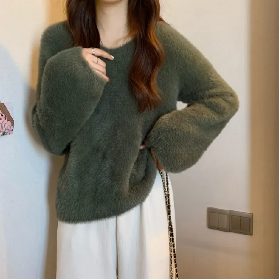 Knitted Sweater Korean Fashion Women Preppy Mink Hair Pullover Autumn Winter Casual Loose Sweet Top Long Sleeve Warmth Knitwear