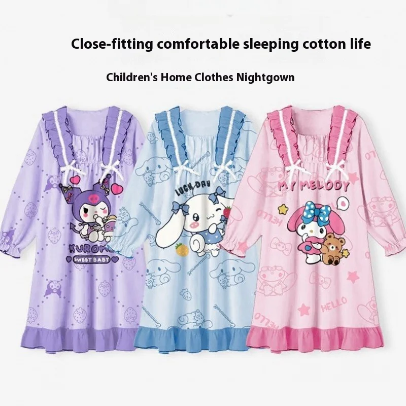 Sanrio Kuromi Children's Spring and Autumn Modal Pajamas Girls Cartoon Anime Sleeping Skirt Comfortable Long Sleeve Home Skirt