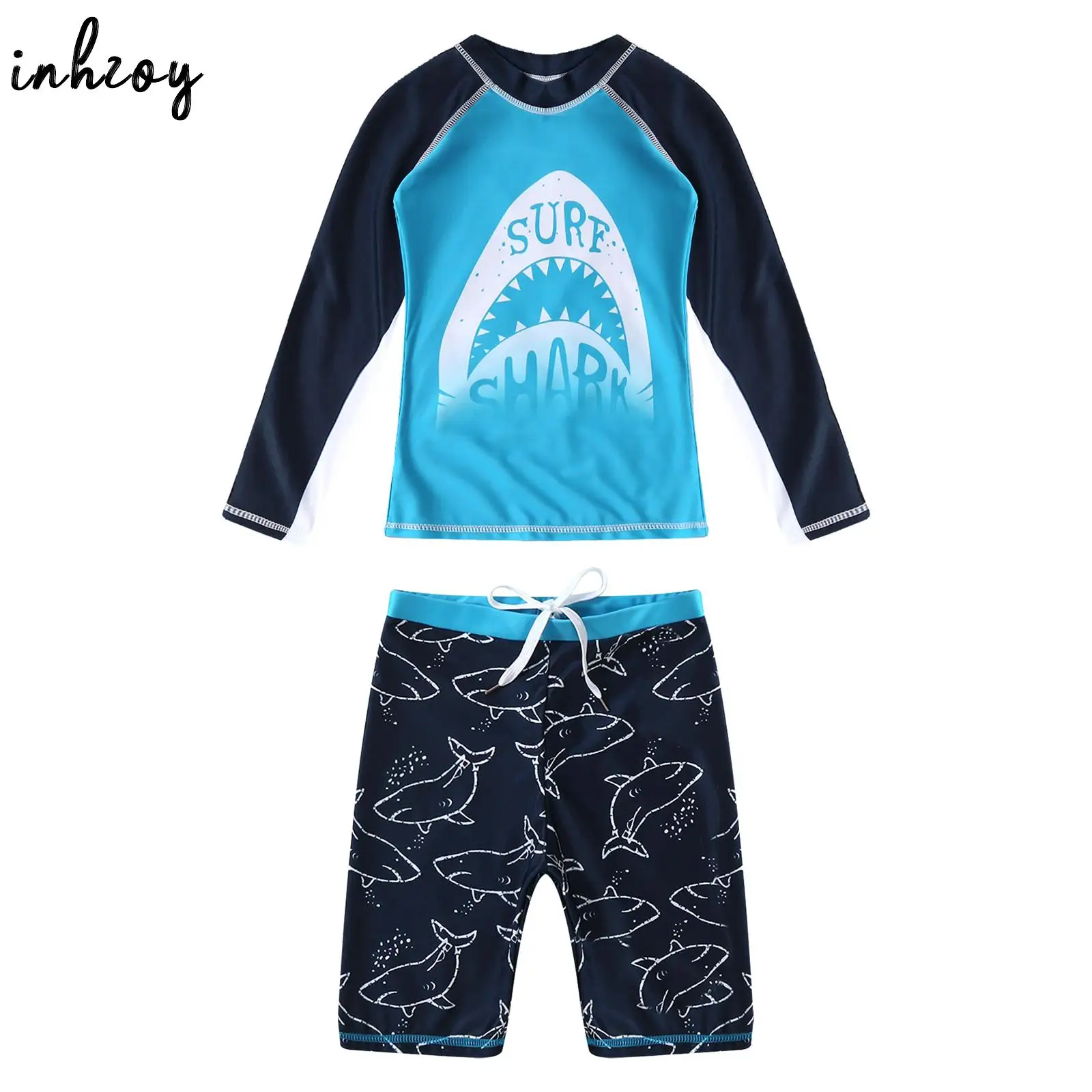 

Kids Boys UPF 50 UV Swimwear Rash Guard Swimsuit Cartoon Shark Print Long Sleeve Swim Shirt and Shorts Bathing Swimming Suits