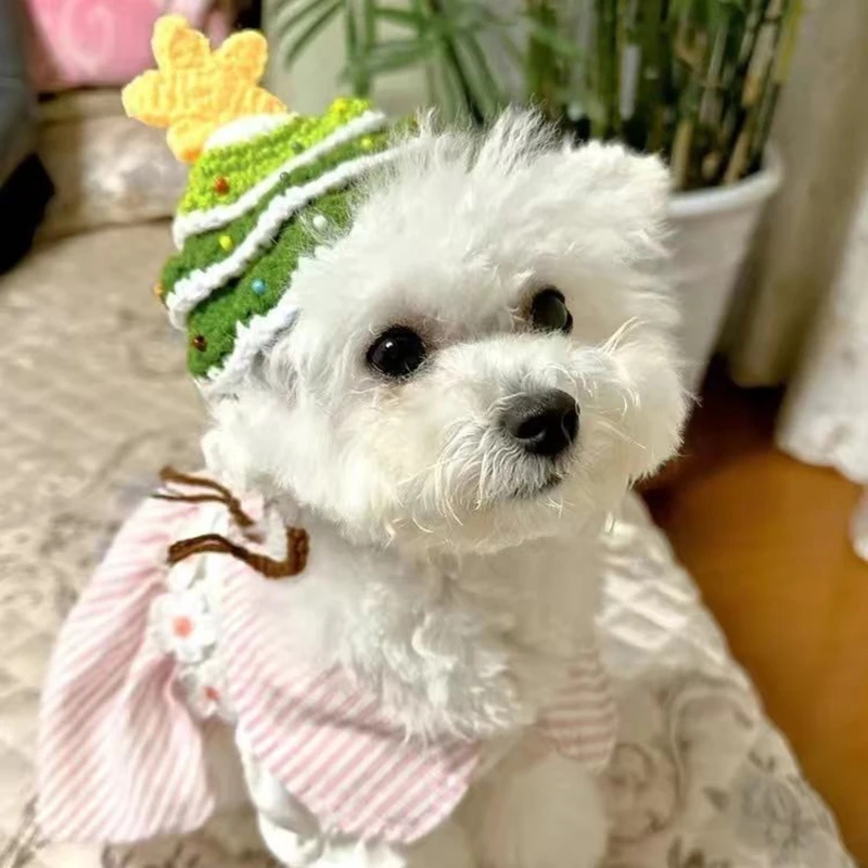 Pet Hat Lovely Christmas Tree Design Woolen Yarn Knitted Festive Cat Cap Headgear Photo Props