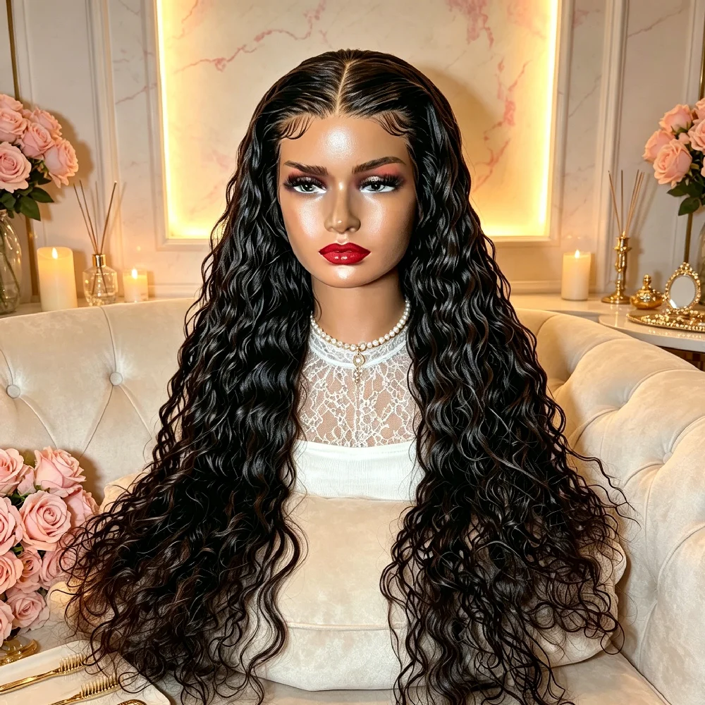 250% Density 32 Inch Water Wave T13x6 T13x5 Lace Front Wig Pre Plucked Brazilian Human Hair Colored Natural T4x4 Lace Front Wig
