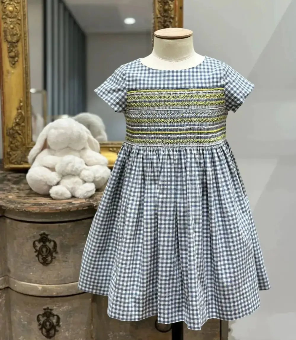 baby girl summer clothes kids' dresses hand embroidery Blue checkered pattern short sleeved dress