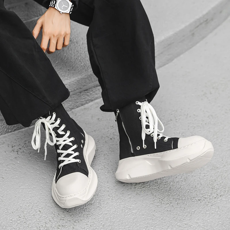 Sneaker da donna alta stivaletto nero di qualità scarpa da uomo di marca moda casual cerniera piattaforma in metallo tela scarpa da strada da uomo