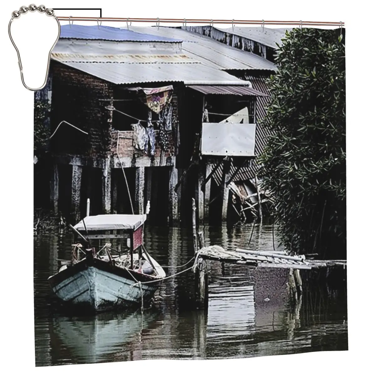 Traditional Fishing Village In Phu Quoc Shower Curtain Bathroom Polyester Waterproof Bath Curtains with Hooks