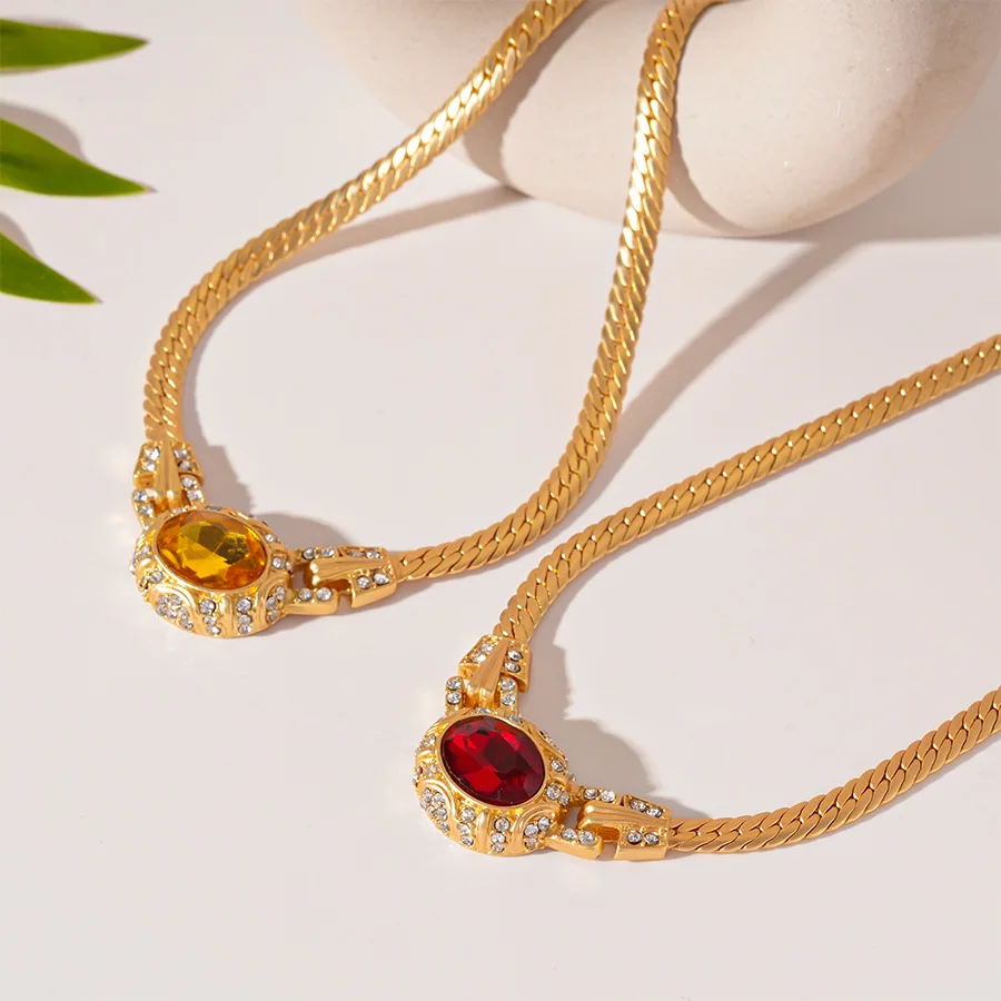 Retro Ruby Yellow Gemstone Necklace for Women Palace Style Gold Plated Snake Bone Chain Necklace Medieval Vintage Party Jewelry