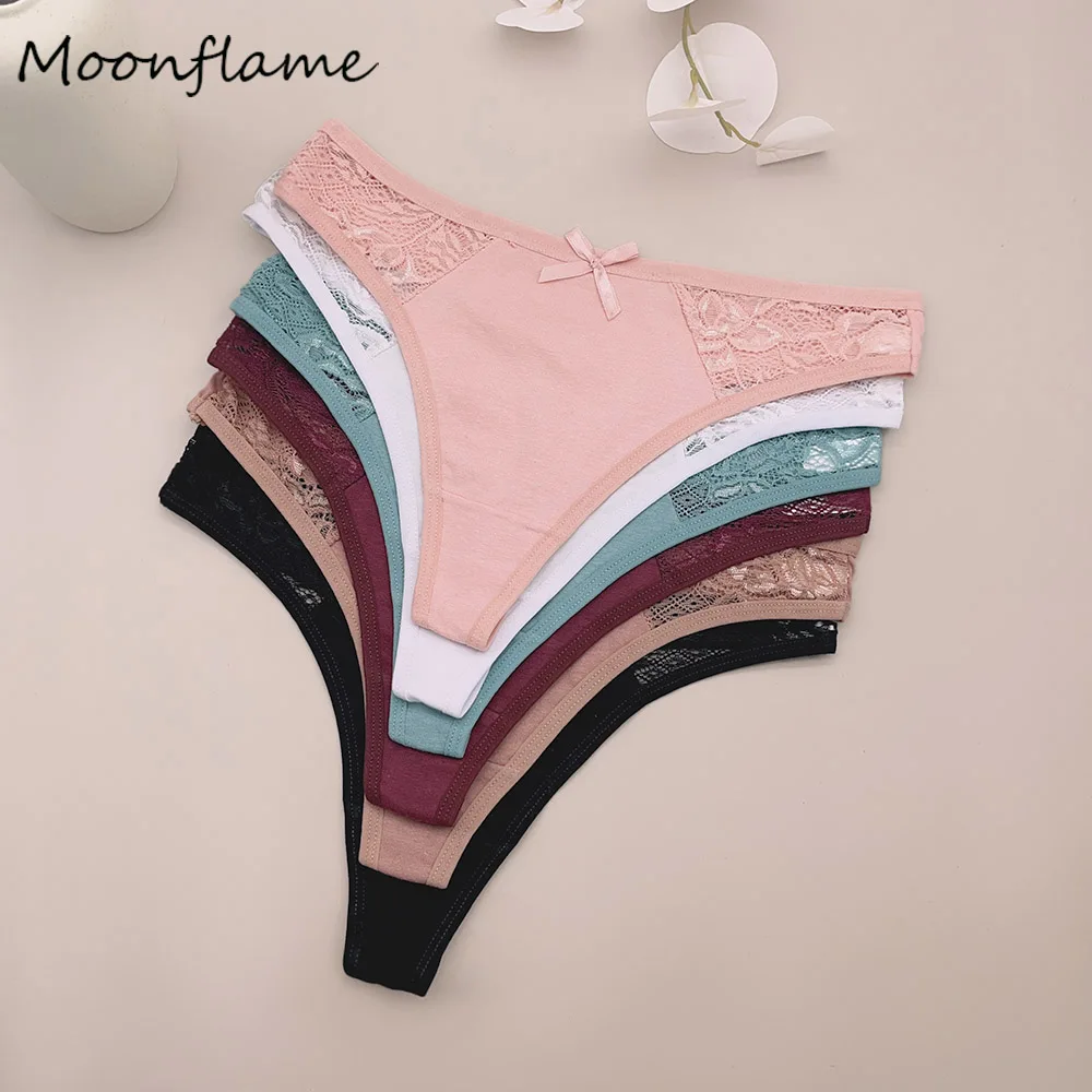 

Moonflame 5Pcs Women's Cotton Underwear Lace Thongs Sexy Low Waist Bikini Panties Ladies Breathable G-string Lingerie