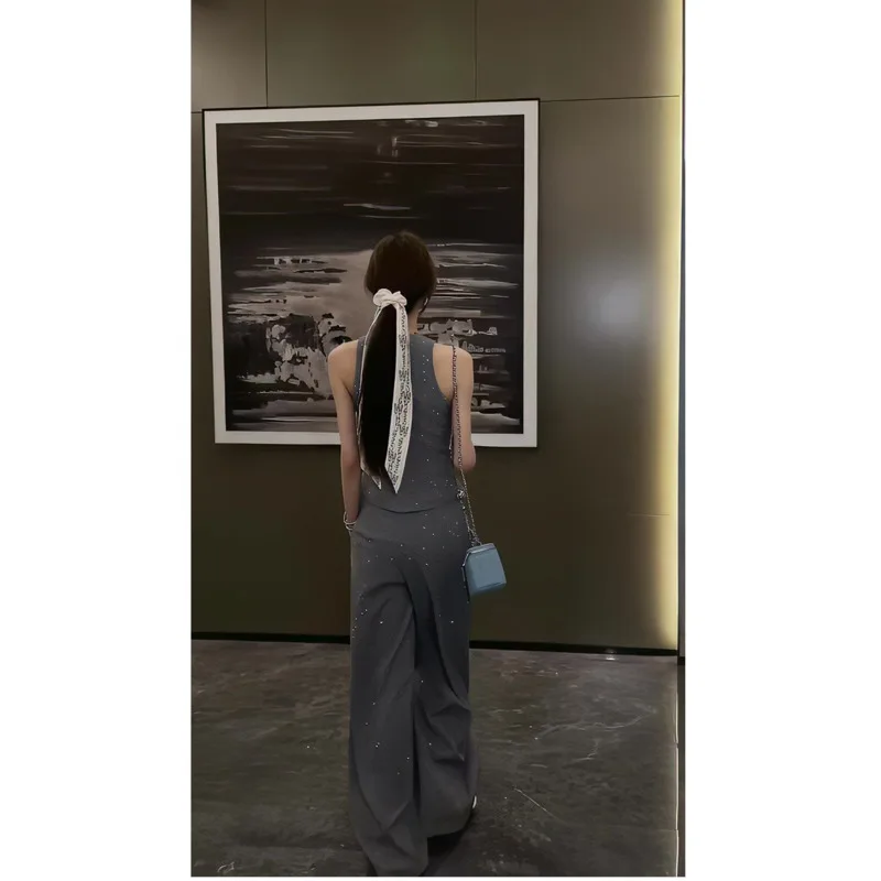 Elegant V-neck Sleeveless Blazer Vest Set for Women 2026 Summer New High-Waisted Wide-Leg Pants 2-piece set fashion