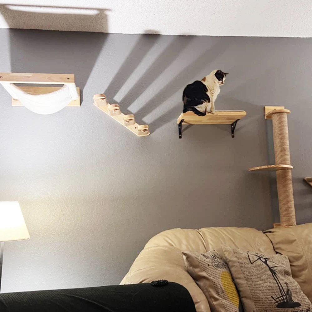 

Cat wall mounted wooden furniture climbing stairs with hammock cat platform and scratching post star shaped cat steps Accessorie