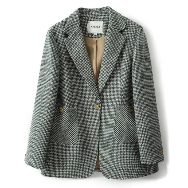 

2023 New Houndstooth Suit Jacket Women Plaid Blazers Spring Autumn Casual Tops Female Coat Single Button Retro Woolen Outerwear