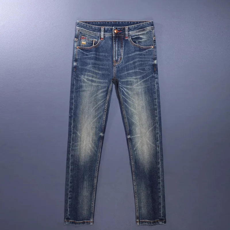 

Мужские джинсы Y2K в стиле ретро, синие, стрейч, зауженные, винтажные, с высококачественной вышивкой, повседневные джинсовые брюки для мужчин