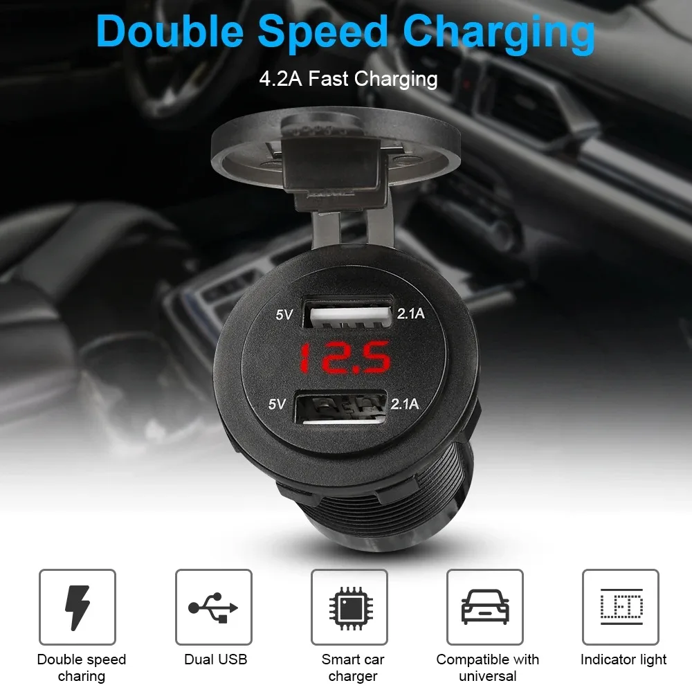 4.2A USB Car Charger Socket 12V/24V Dual USB Socket Car USB Port With LED Voltmeter Power Outlet Adapter Waterproof