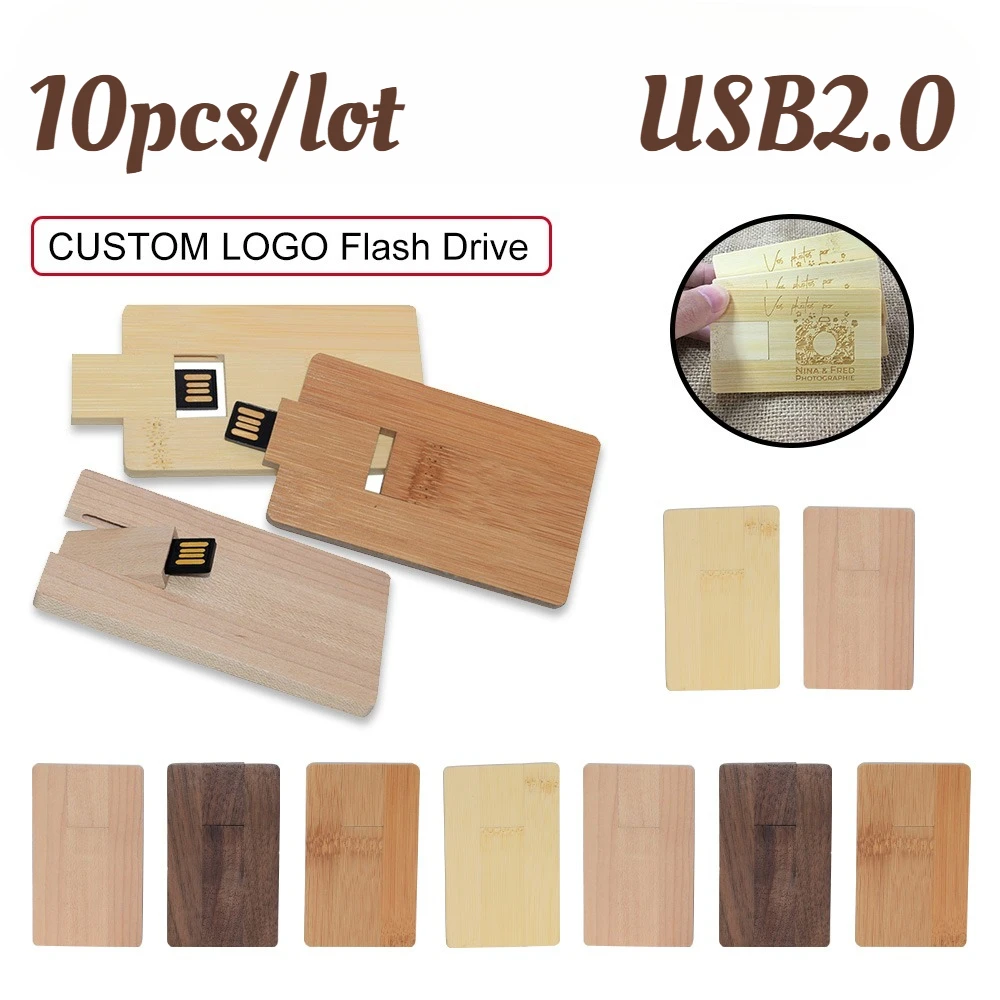 

10pcs Free Custom Logo Wooden Card Usb Flash Drive 4GB 8GB 16GB 32GB 64GB USB 2.0 Memory Stick Wedding Gifts Pen Drive