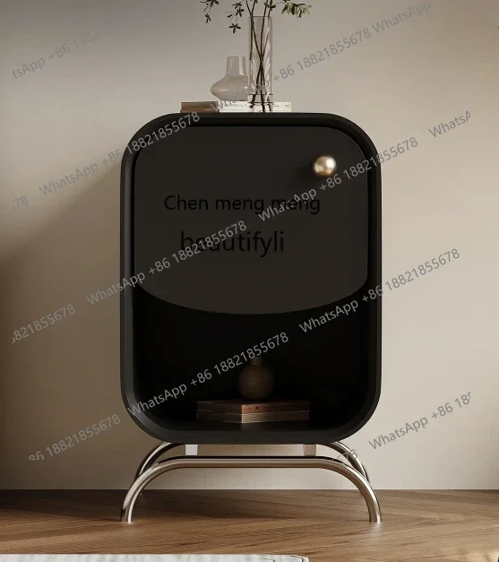 Italian minimalist ultra-narrow bedside table light luxury stainless steel hollow bedroom modern minimalist black