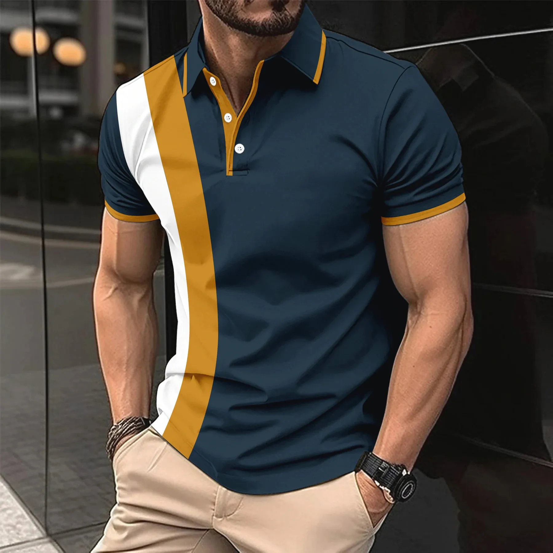 

New Men's T-Shirt Natural Stripes Casual Business Short Sleeve Polo Shirt Top 3D Print Comfortable Everyday Golf Men's Top