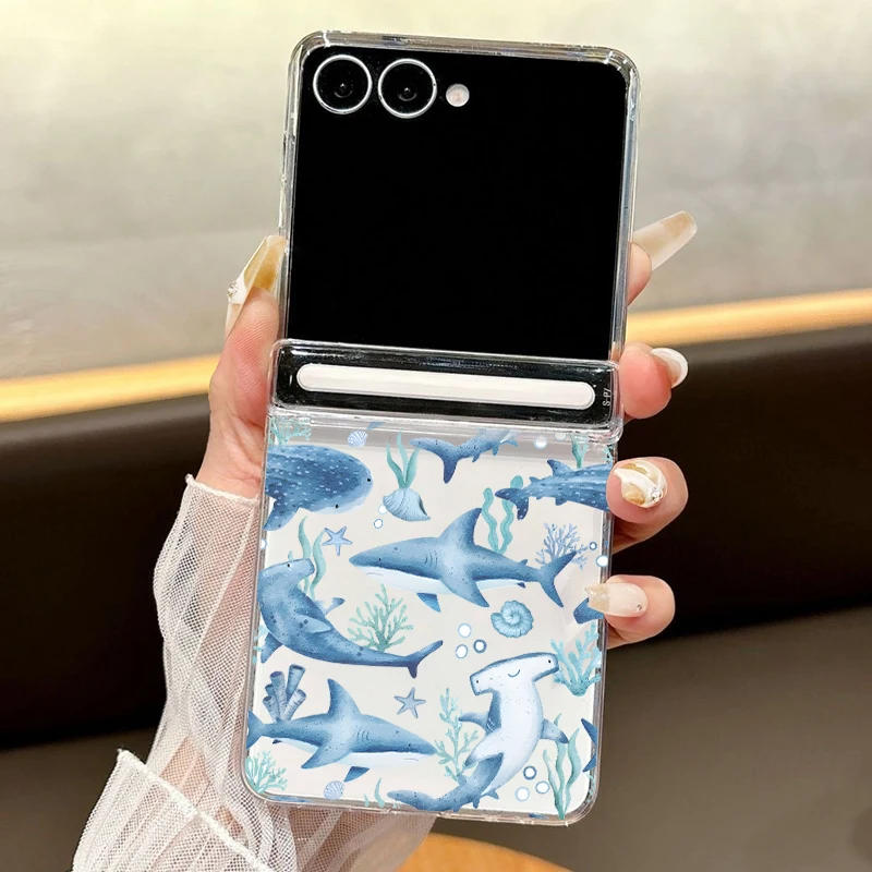 Magnetic Adsorption Clear Phone Case For Samsung Galaxy Z Flip7 Flip6 Flip5 Flip 7 FE 6 5 Shark Dolphin Print Folding Hard Cover