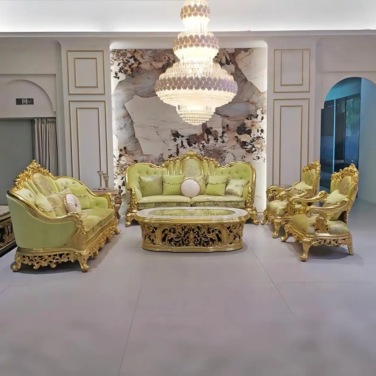 #French Luxury Palace Style Sectional Sofa Fabric Solid Wood Frame Carved Neo-classical European Design High Density Sponge