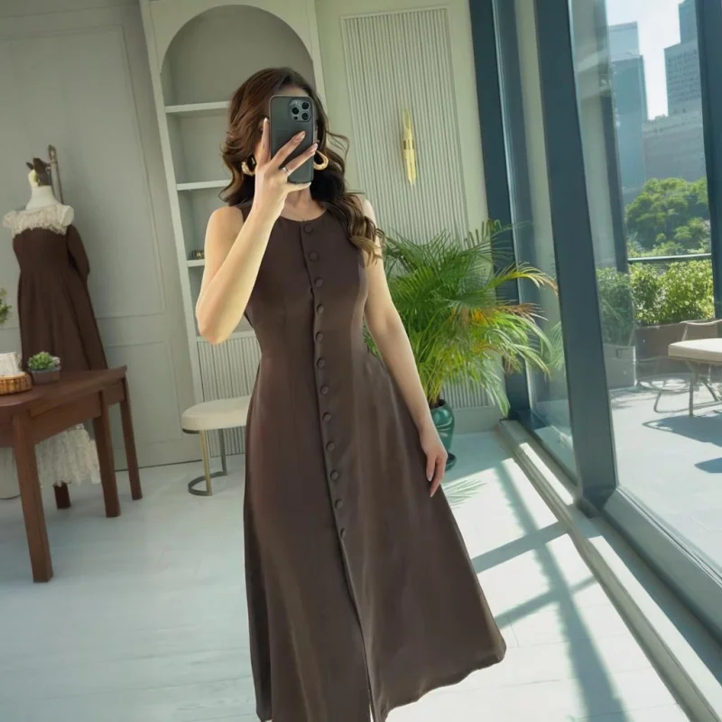 ETJ 2025 neues Damenkleid, elegante Mode, Retro-Rundhalsausschnitt, ärmellos, Gürtel, Taille, langes Kleid, Urlaub, Partykleid