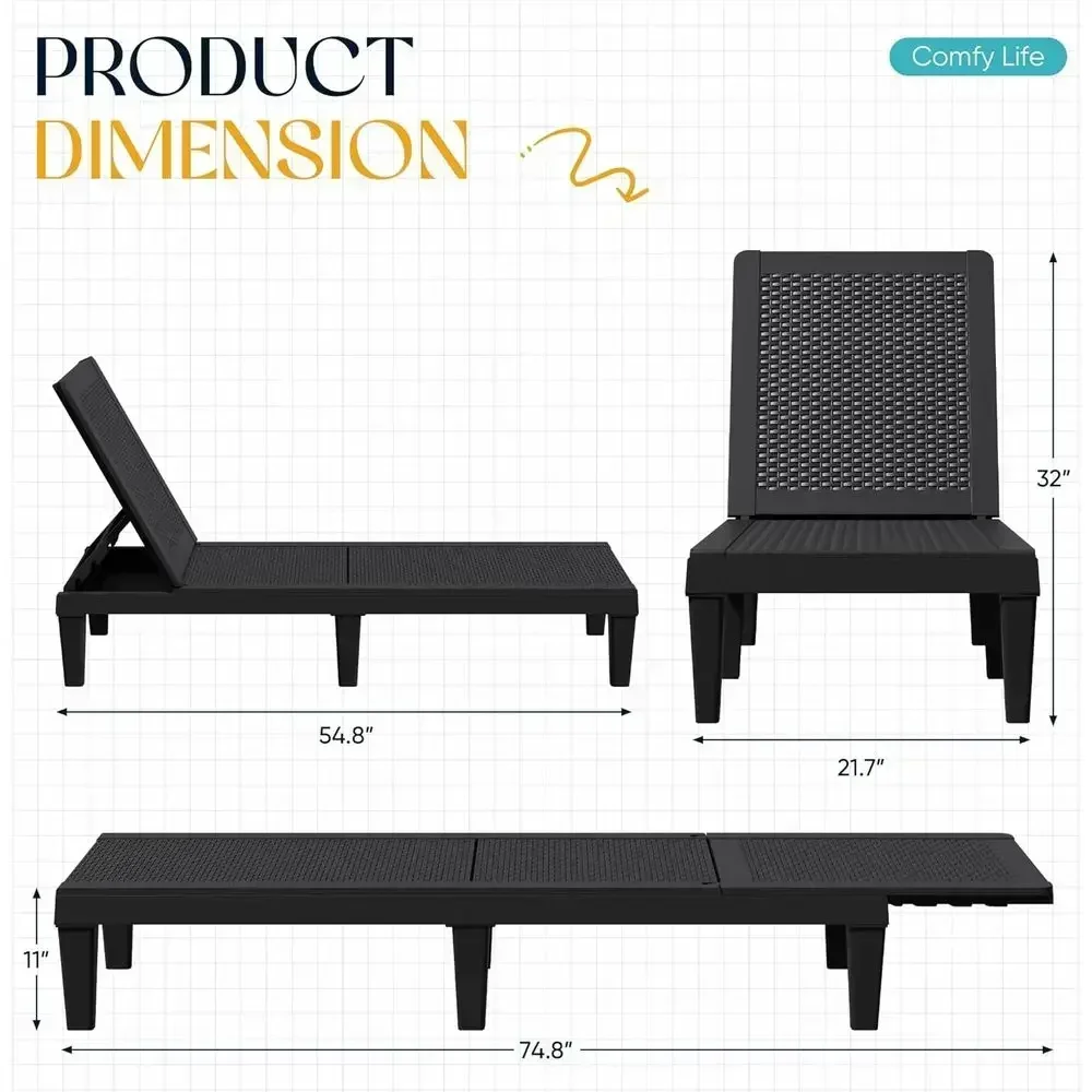 Set of 2 5-Position Adjustable Backrest Chairs, Waterproof PP Sun Loungers for Garden, Pool, Beach, and Patio, Black