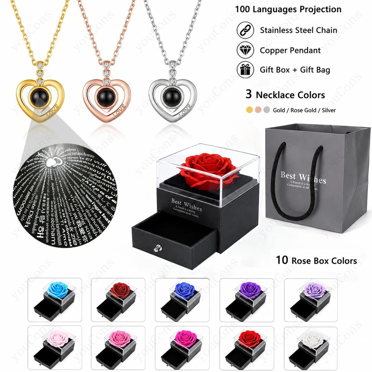 100 Languages I Love You Projection Necklace Heart Pendant Stainless Steel Chain With Multi Color Rose Gift Box Valentine's Day