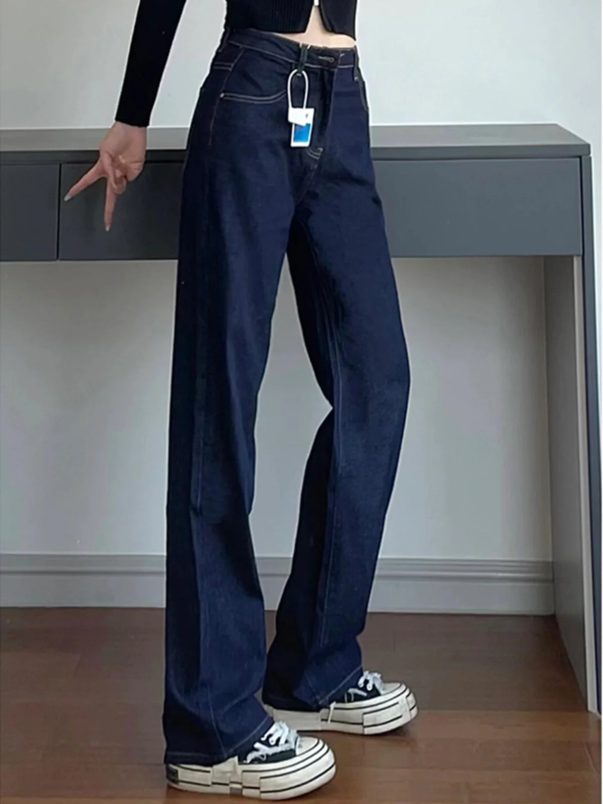 

Джинсы с высокой талией и широкими штанинами, темно-синие, облегающие, прямые, для высоких женщин, весна-осень, джинсы с высоким поясом