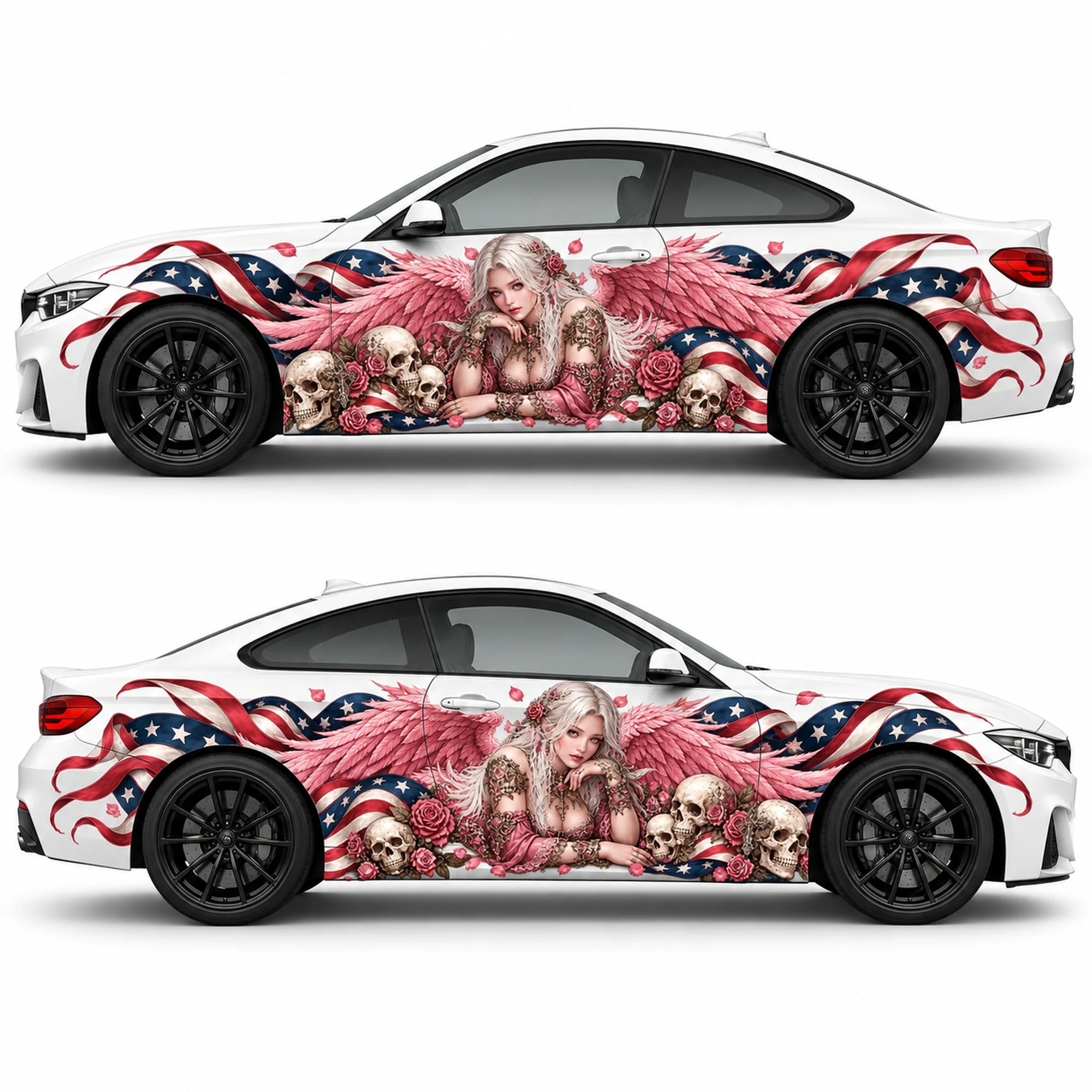 2 PCS American Flag Blush Wing Guardian Car Side Decals, Die-Cut Vinyl Sticker Set