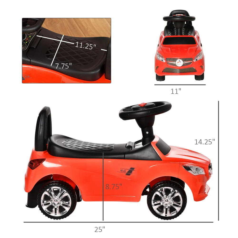 어린이용 푸시 자동차, 발부터 바닥까지 걷는 슬라이딩 장난감 자동차, 경적, 음악, 헤드라이트 및 보관함, 빨간색
