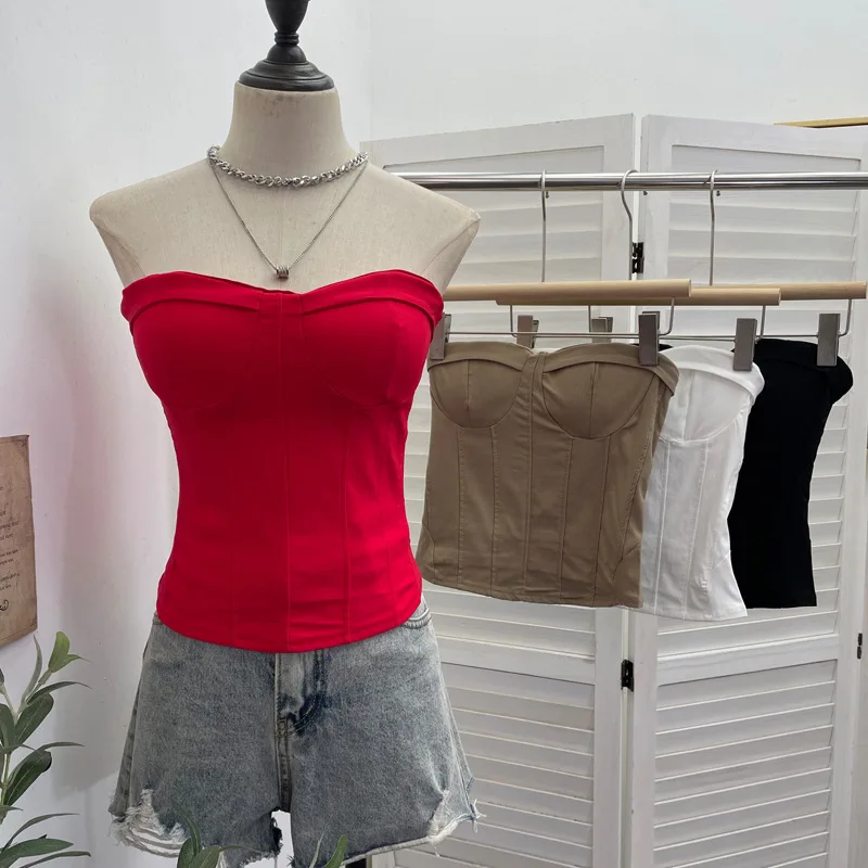 Sexy Curve Enhancing Padded Anti Slip Strips Spicy Girl Strapless Blouse Blouse with Smocked Elastic Partyclub Chic Outfits 8151