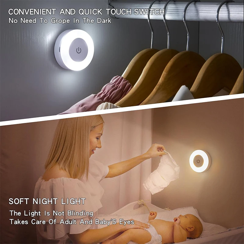 Night Touch Light Bright LED Push Lamp, 3 Colors Dimmable Rechargeable Puck Tap Nightlight Wireless Stick on Lighting