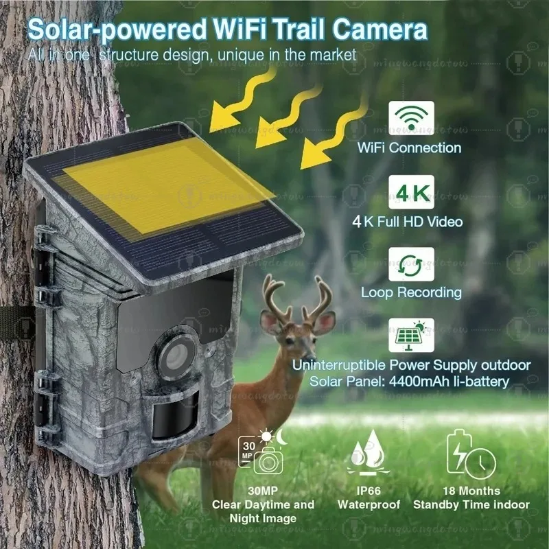 Hunting Camera  4K  WiFi Solar Panel Powered Trail Camera Trap Night Vision Waterproof IP66 Game Wildlife Cameras Foto Chasse