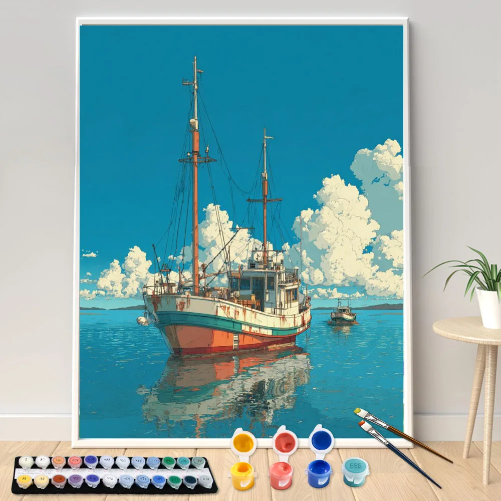 Painting by Numbers Kit DIY Summer sea breeze fishing boat Canvas Art Hand Painting Home Decoration Personality Surprise Gift