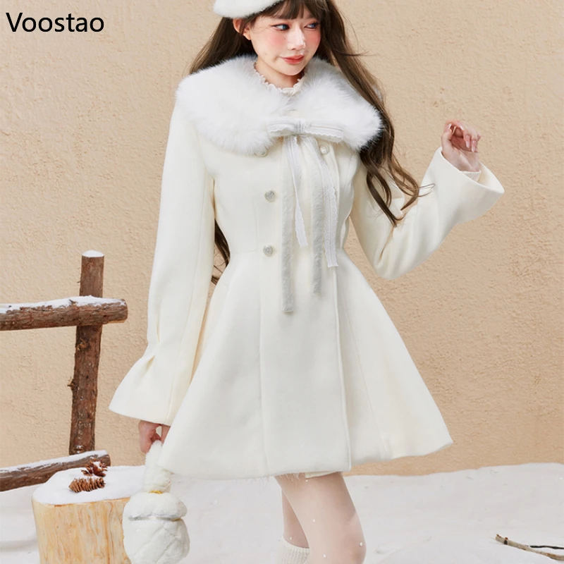 Autumn Winter Kawaii Lolita Woolen Coat Women Japanese Sweet Bow Plush Slim Jacket Female Korean Style Warm Dress Cute Overcoat