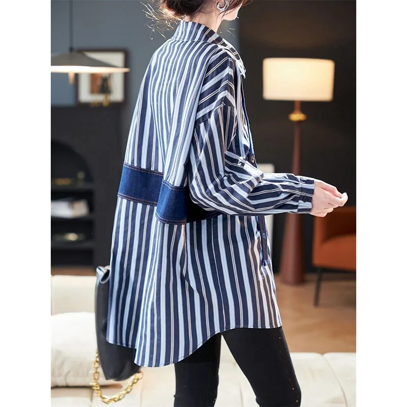 Spring And Autumn New Fashion Korean Version Slim And Versatile Temperament Denim Striped Contrast Stitching Long-Sleeved Shirt