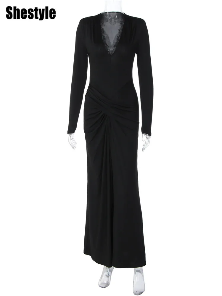 فستان أسود طويل برقبة على شكل V من Shestyle للنساء، طبقة مزدوجة سادة، ملابس ضيقة للحفلات لربيع وشتاء، ملابس عصرية جديدة ليلية