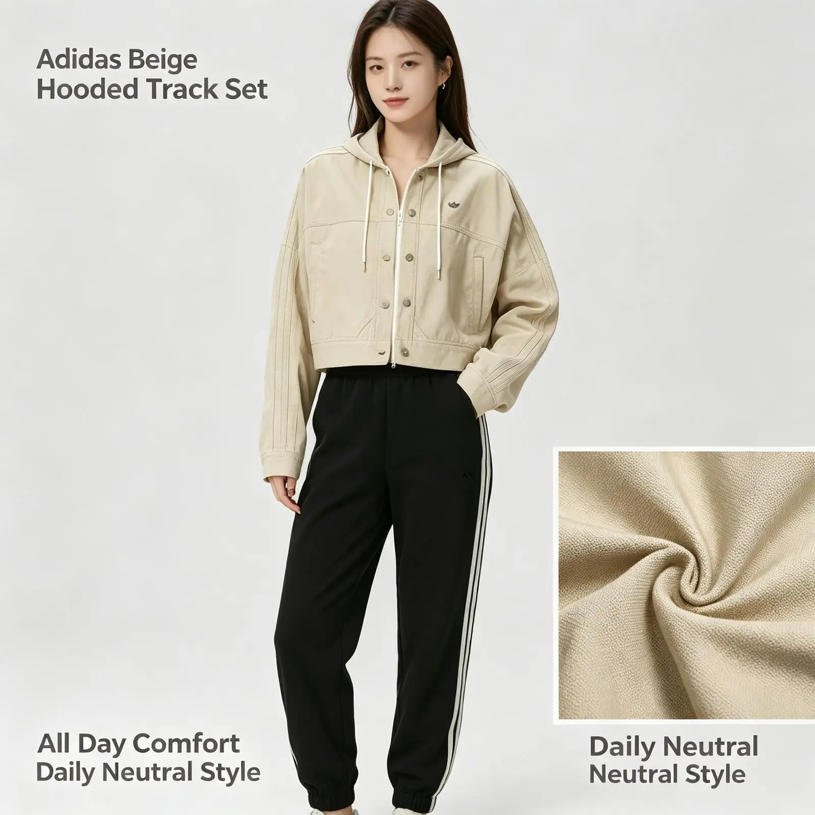 Adidas Women Beige Hooded Track Jacket Pants 2 Piece Set Soft Knit White Zip Striped Sporty Casual Daily Outfit  KE1069